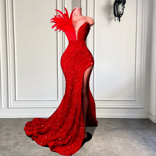 Sparkly Red Velvet Sequined Girls Mermaid Long Prom Dresses - LiveTrendsX