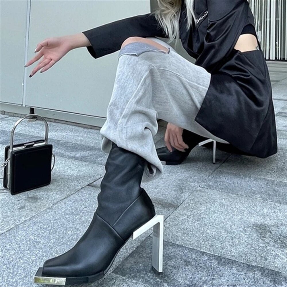 Square Toe Metal Strange Style Boots High Heels Ankle Black Booties - LiveTrendsX
