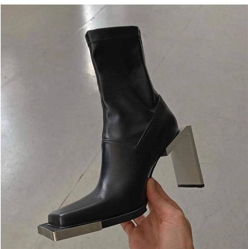 Square Toe Metal Strange Style Boots High Heels Ankle Black Booties - LiveTrendsX