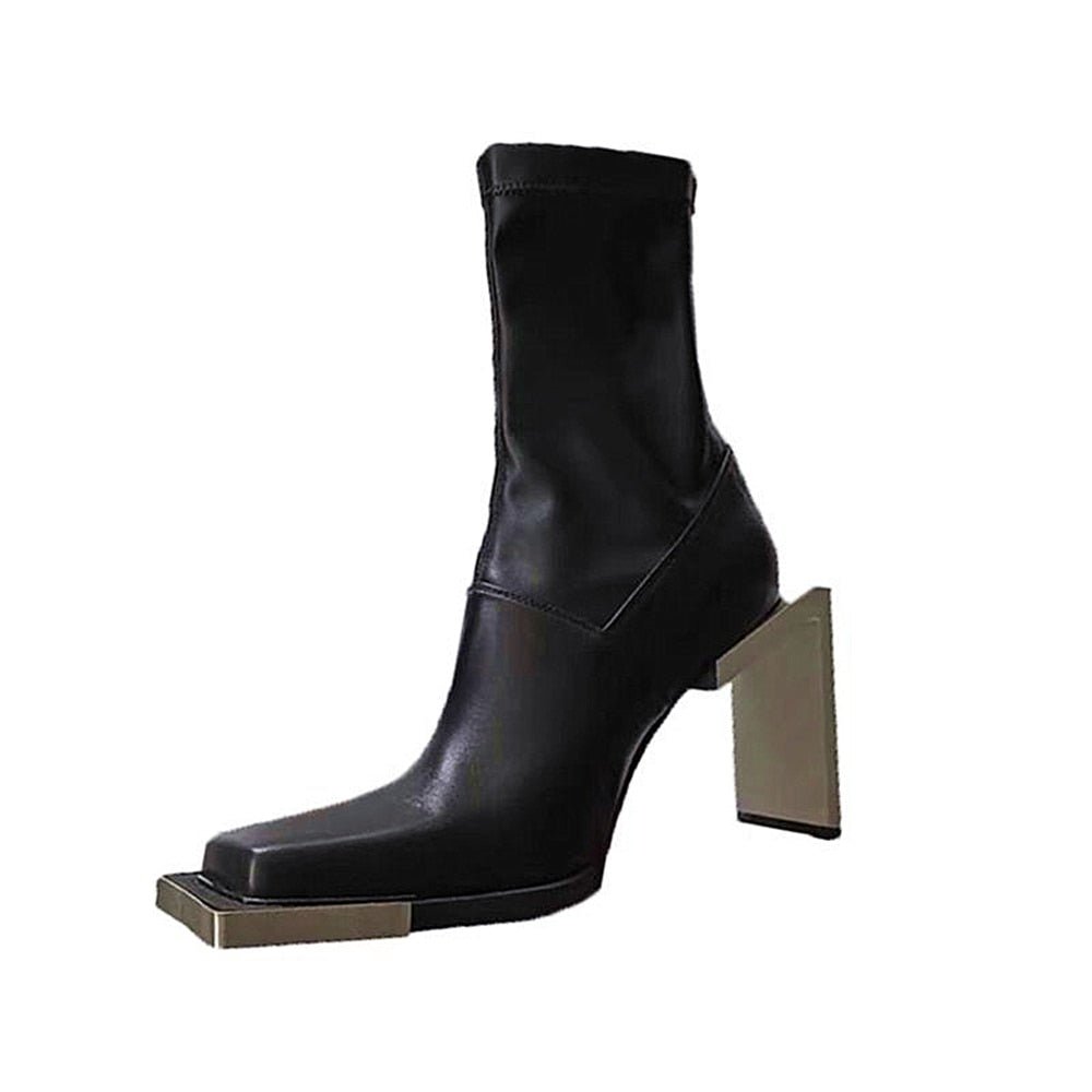 Square Toe Metal Strange Style Boots High Heels Ankle Black Booties - LiveTrendsX