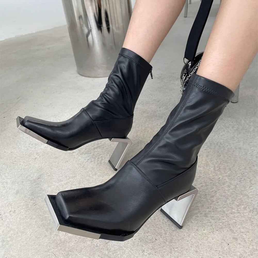 Square Toe Metal Strange Style Boots High Heels Ankle Black Booties - LiveTrendsX