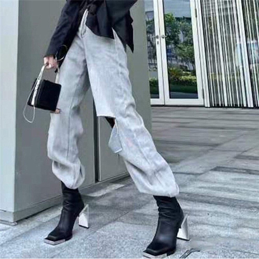 Square Toe Metal Strange Style Boots High Heels Ankle Black Booties - LiveTrendsX