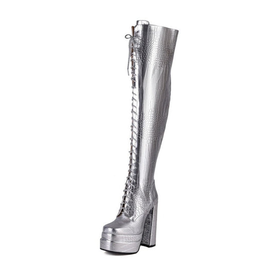 Square Toe Over The Knee Boots Thick Bottom Side Zipper Ladies Shoes - LiveTrendsX