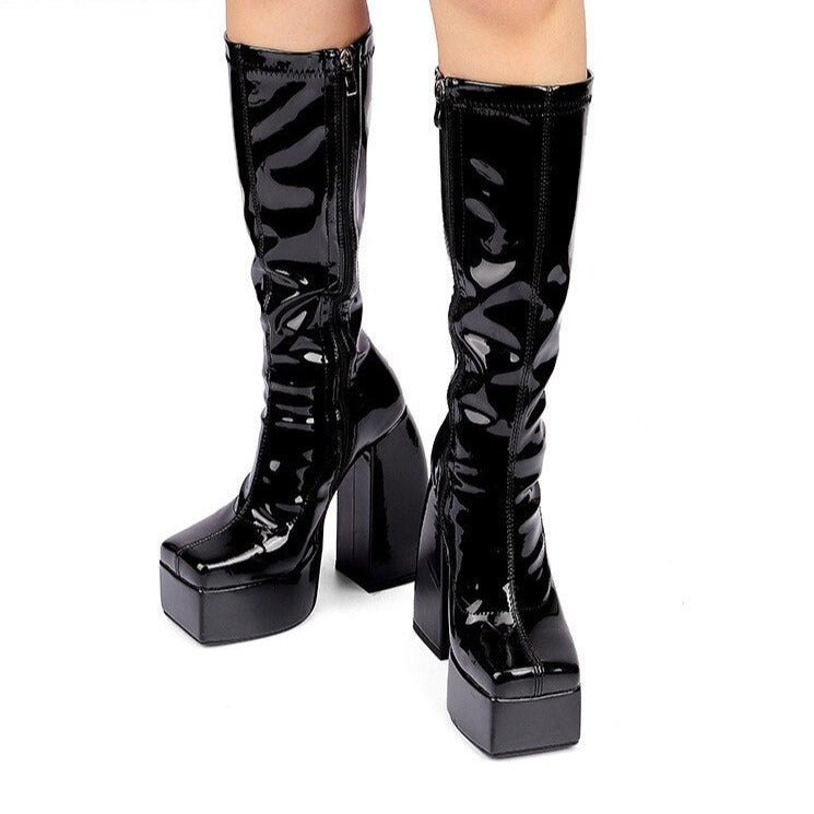 Thick Sole Platform Shoes Square Toe High Heels Long Knee High Boots - LiveTrendsX
