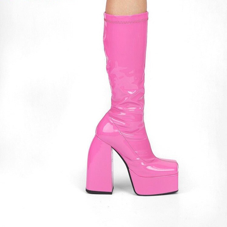 Thick Sole Platform Shoes Square Toe High Heels Long Knee High Boots - LiveTrendsX