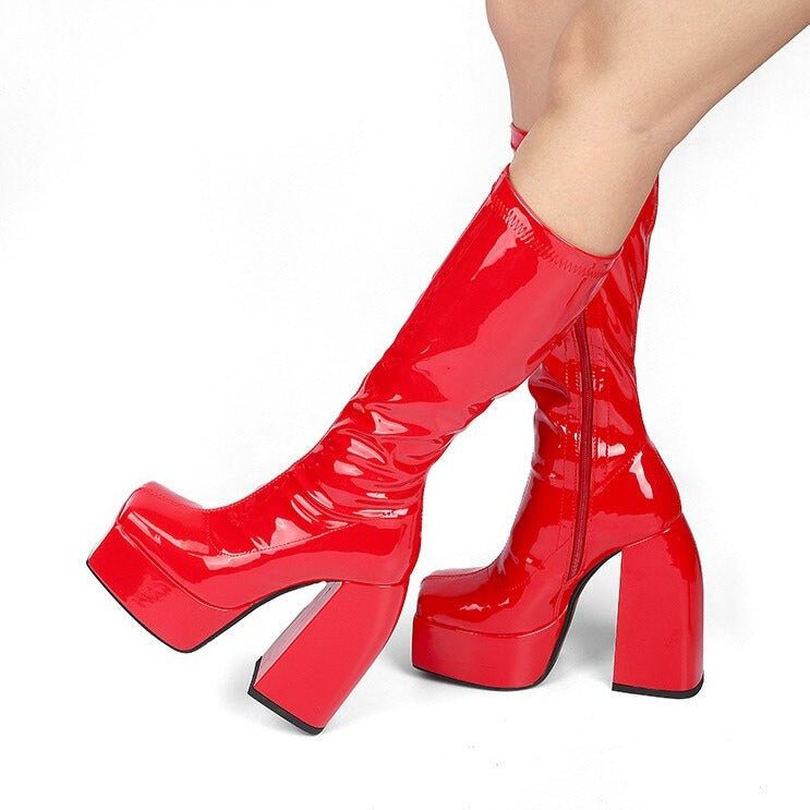 Thick Sole Platform Shoes Square Toe High Heels Long Knee High Boots - LiveTrendsX