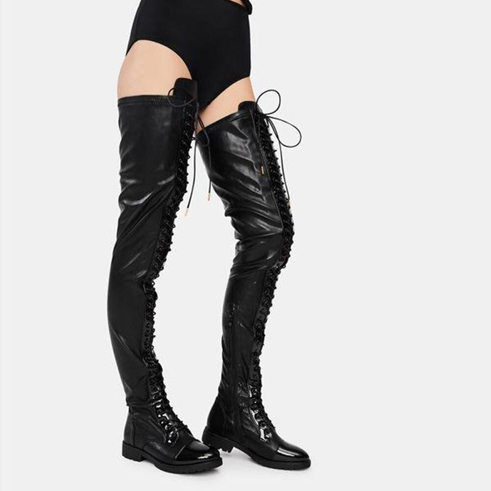 Thigh High Boots Women Winter Shoes Low Heels Lace - up Punk Shoes - LiveTrendsX