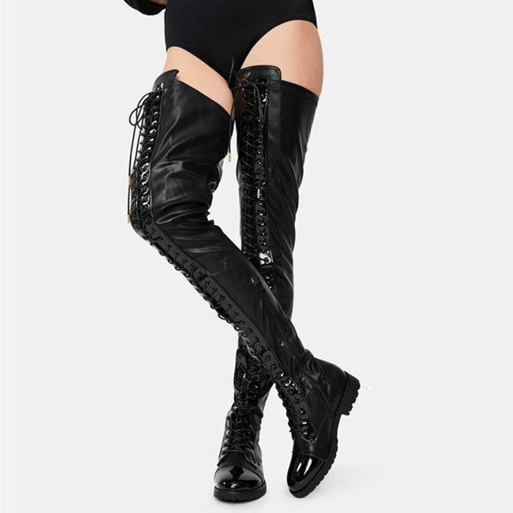 Thigh High Boots Women Winter Shoes Low Heels Lace - up Punk Shoes - LiveTrendsX
