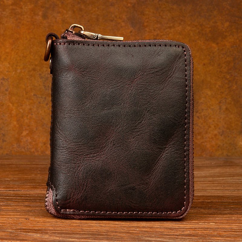 Top layer cow leather zipper short Wallet Leather Handmade - LiveTrendsX