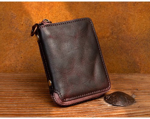 Top layer cow leather zipper short Wallet Leather Handmade - LiveTrendsX