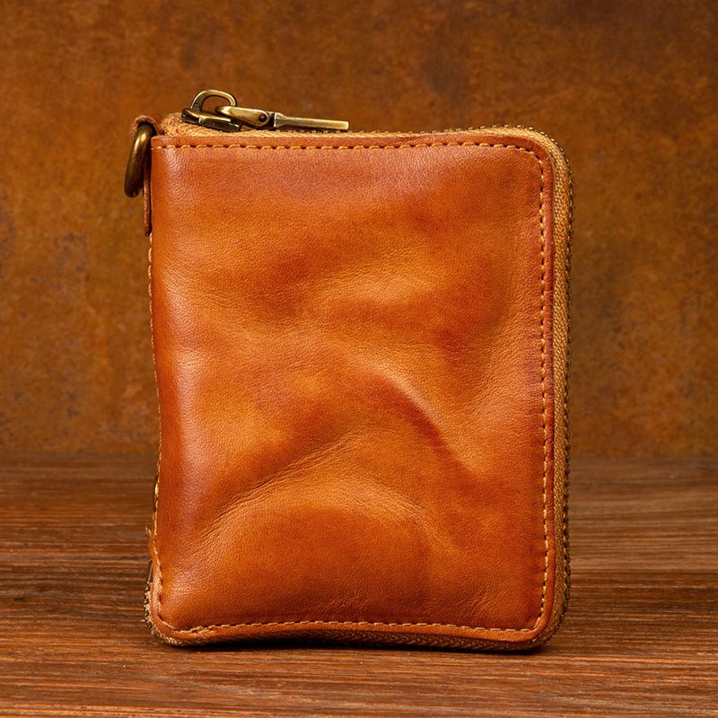 Top layer cow leather zipper short Wallet Leather Handmade - LiveTrendsX