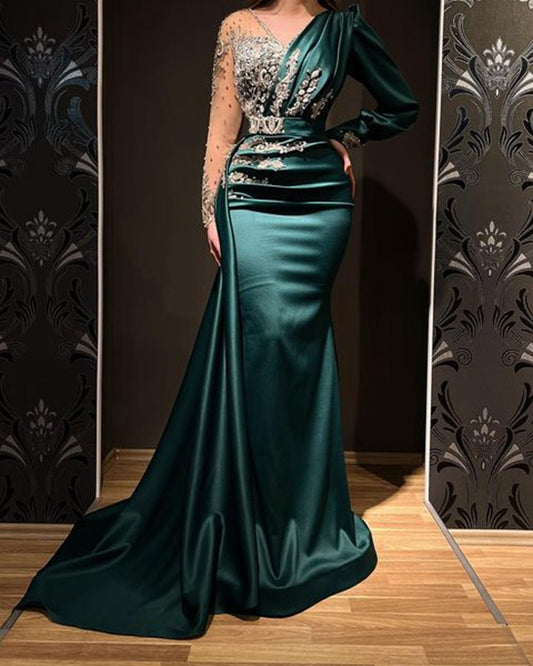 V - neck Mermaid Beaded Crystals Emerald Green Evening Gowns - LiveTrendsX