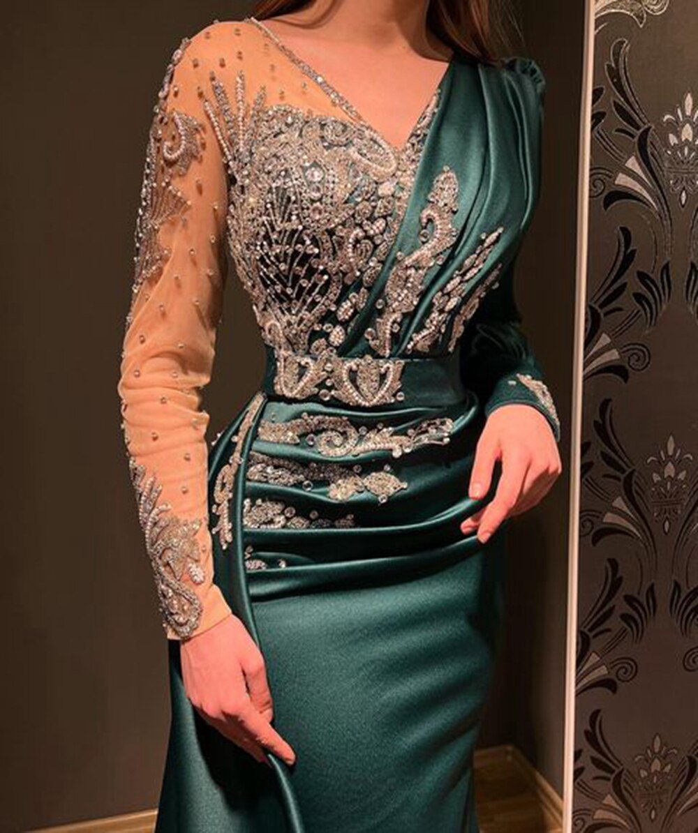 V - neck Mermaid Beaded Crystals Emerald Green Evening Gowns - LiveTrendsX