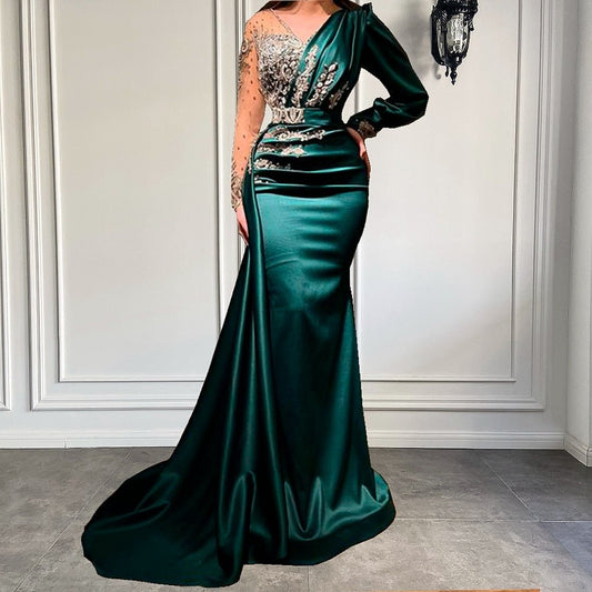 V - neck Mermaid Beaded Crystals Emerald Green Evening Gowns - LiveTrendsX