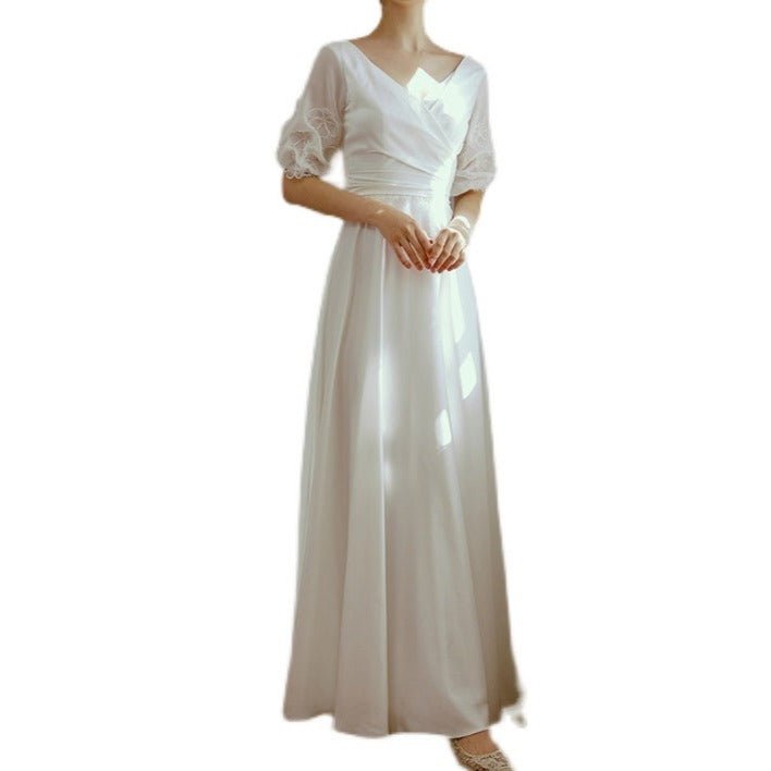 V - neck mid - sleeve wedding dress dream white dress - LiveTrendsX