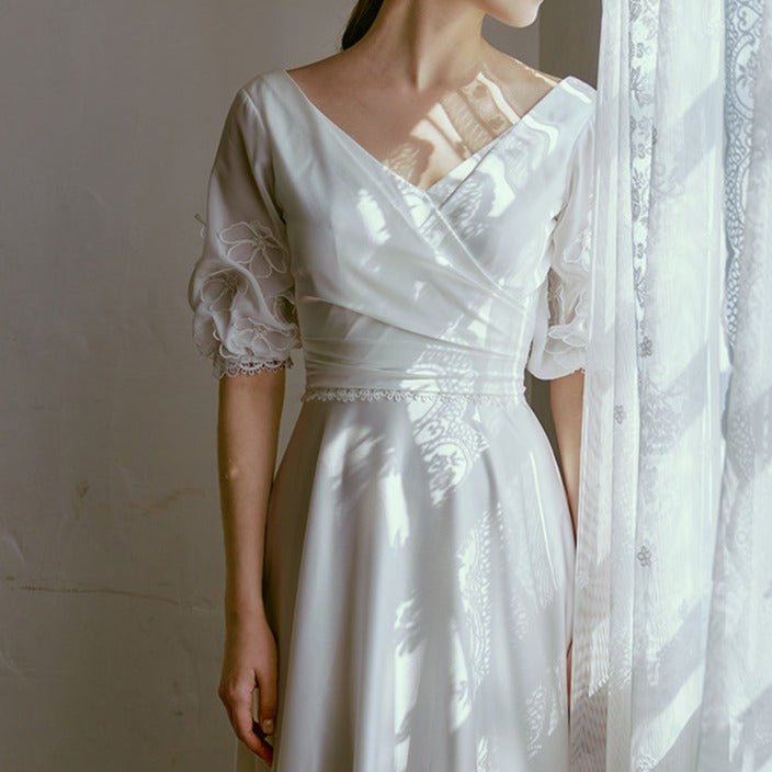 V - neck mid - sleeve wedding dress dream white dress - LiveTrendsX