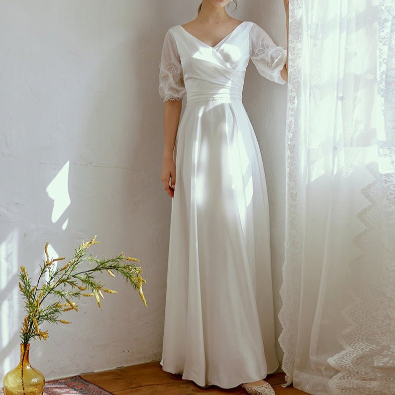 V - neck mid - sleeve wedding dress dream white dress - LiveTrendsX