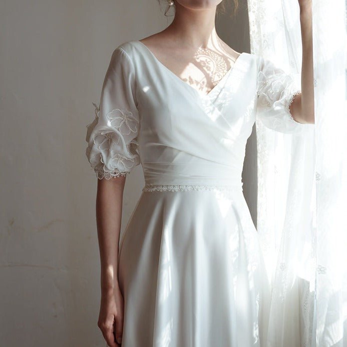 V - neck mid - sleeve wedding dress dream white dress - LiveTrendsX