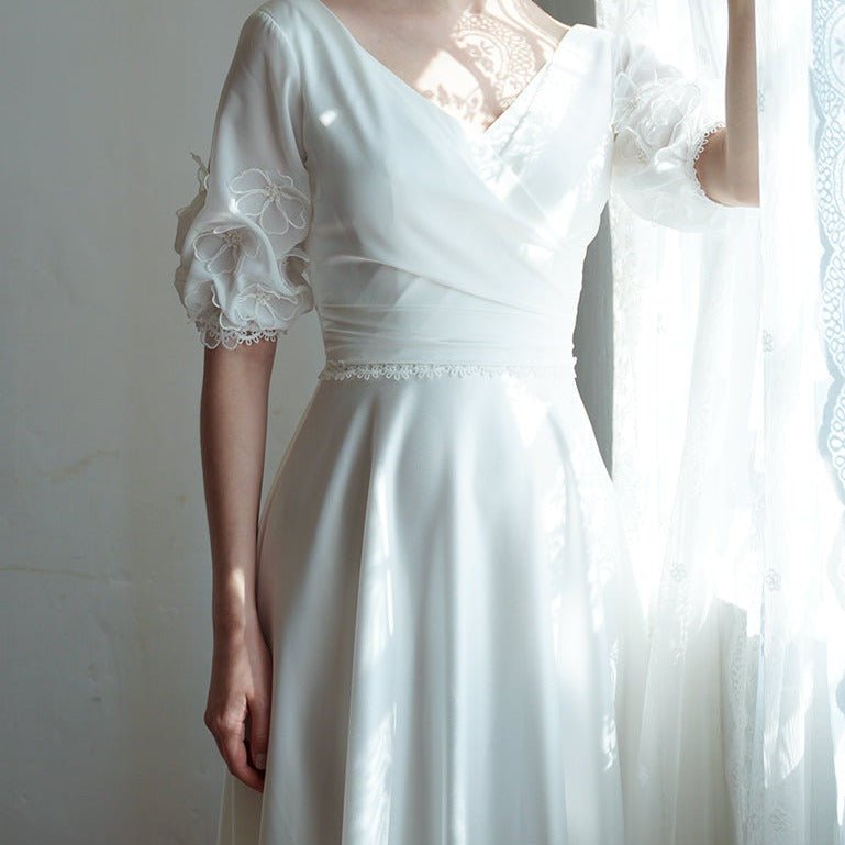 V - neck mid - sleeve wedding dress dream white dress - LiveTrendsX