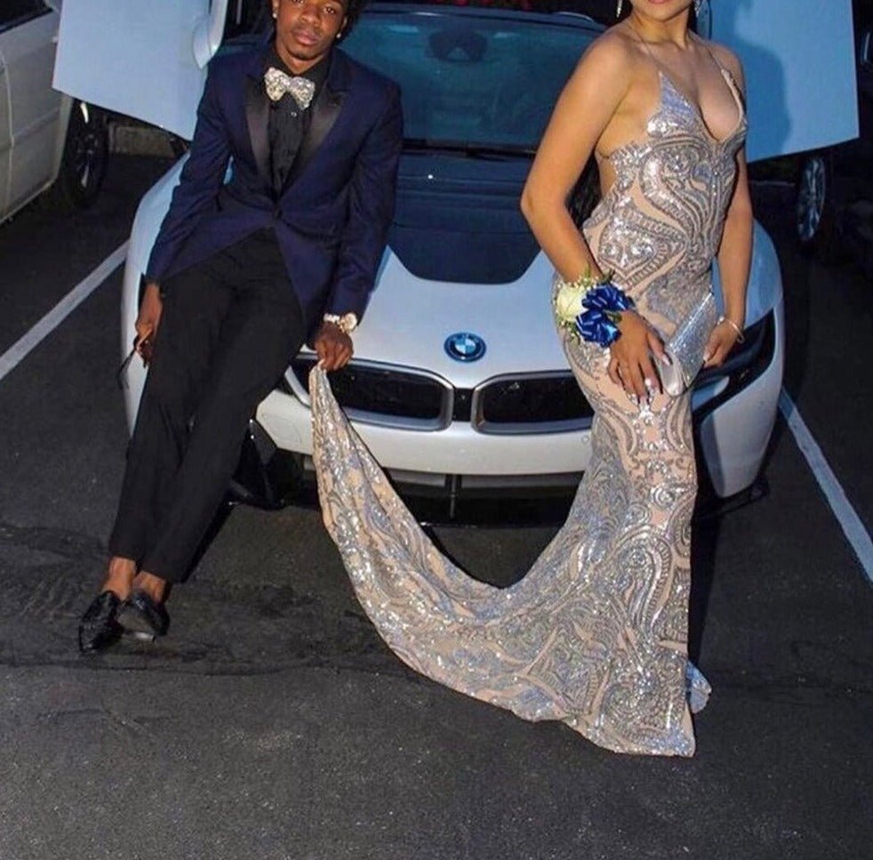 V - neck Open Back Mermaid Gala Silver Sequin Long Prom Dresses - LiveTrendsX