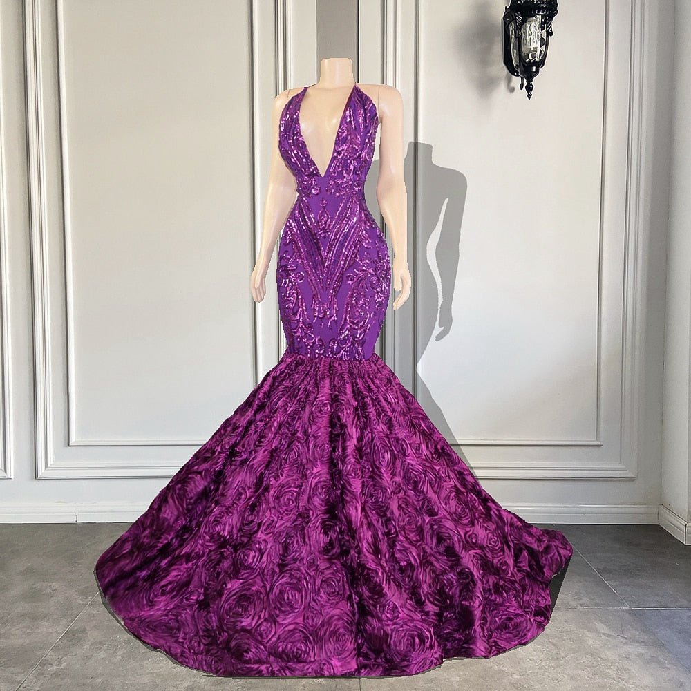V - neck Sleeveless 3D Flowers Fitted Girls Purple Sequin Prom Gala Gowns - LiveTrendsX