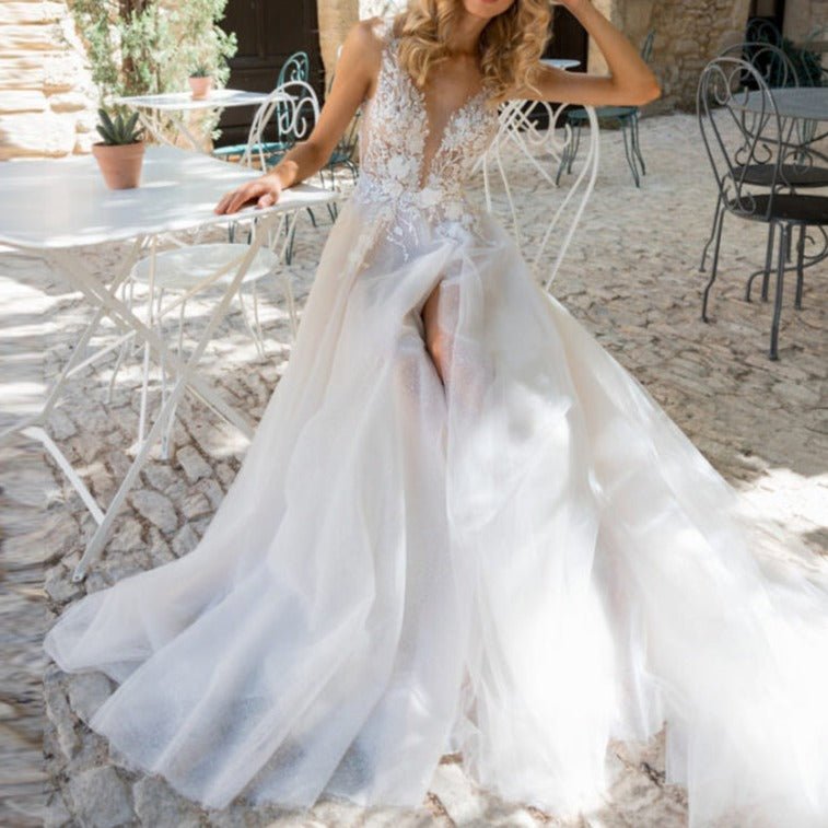 V - neck slim and split brigade shoot wedding dress - LiveTrendsX