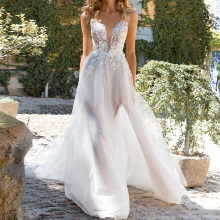 V - neck slim and split brigade shoot wedding dress - LiveTrendsX