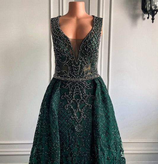 V - neck Sparkly Beaded Emerald Green Lace Women Formal Evening Gowns - LiveTrendsX