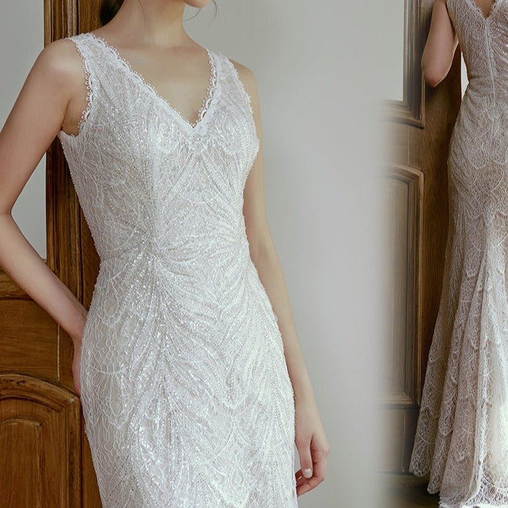 V - neck waist mermaid beaded lace light wedding dress - LiveTrendsX