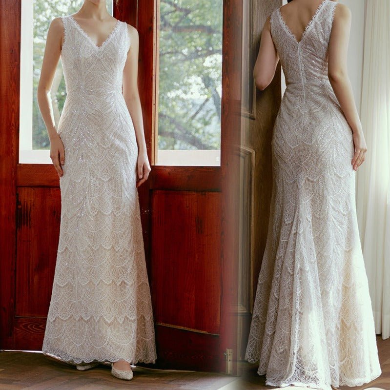 V - neck waist mermaid beaded lace light wedding dress - LiveTrendsX