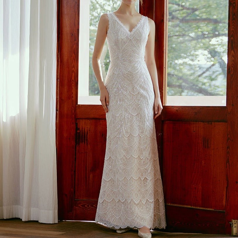 V - neck waist mermaid beaded lace light wedding dress - LiveTrendsX