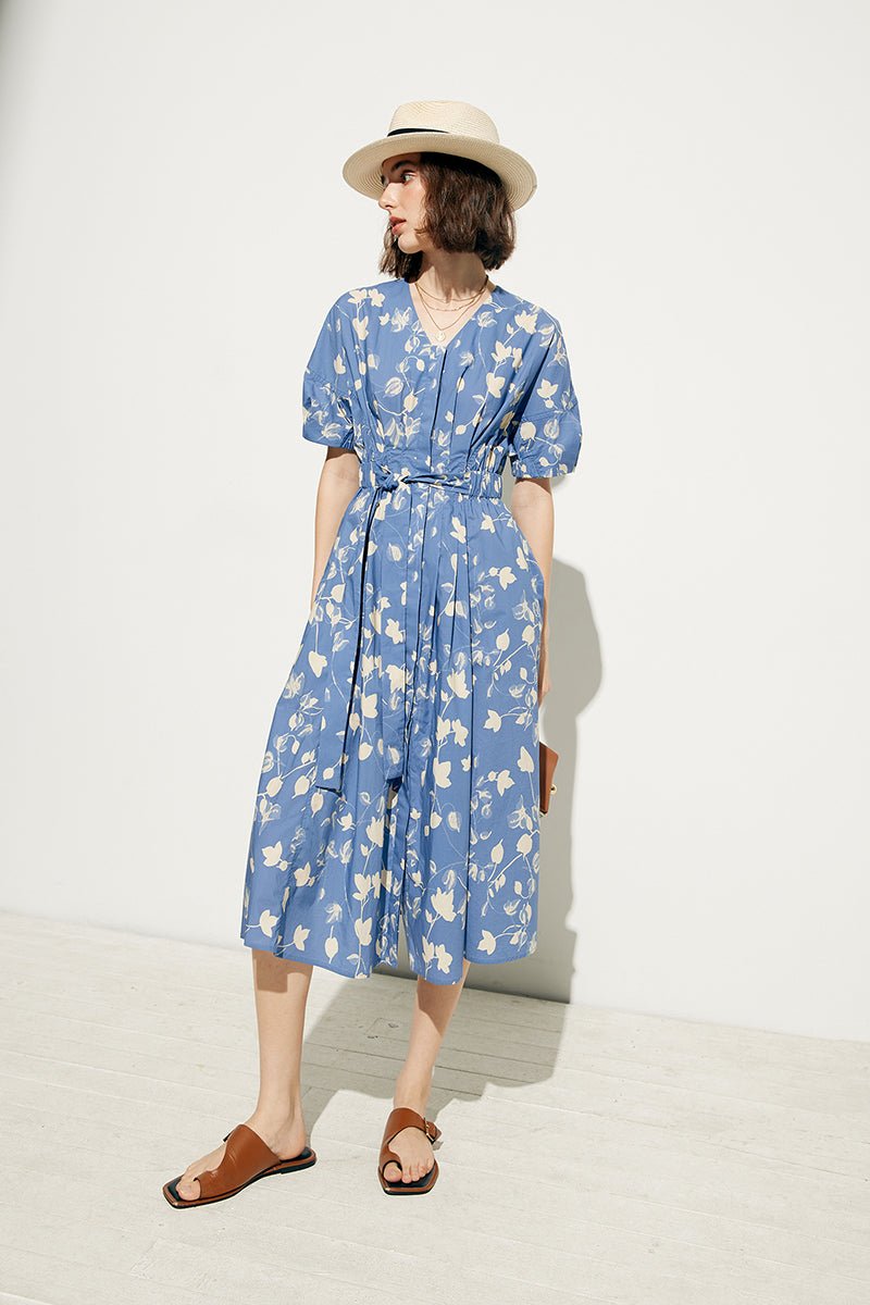 Vintage High Waist V - Neck Teal Cotton French Print Short Sleeve Dress - LiveTrendsX