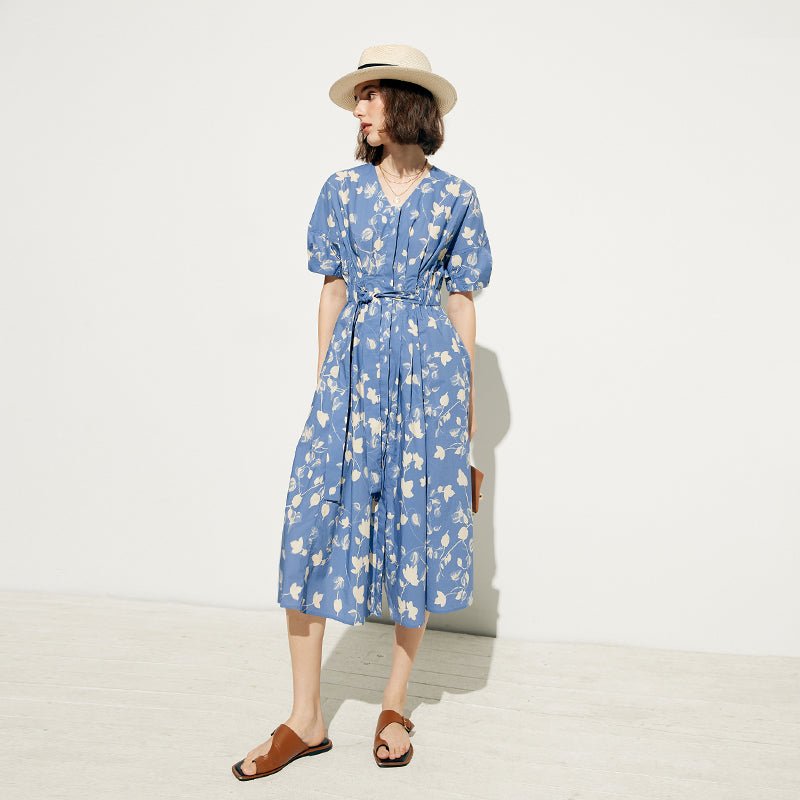 Vintage High Waist V - Neck Teal Cotton French Print Short Sleeve Dress - LiveTrendsX