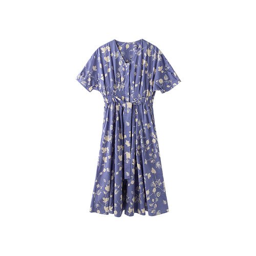 Vintage High Waist V - Neck Teal Cotton French Print Short Sleeve Dress - LiveTrendsX