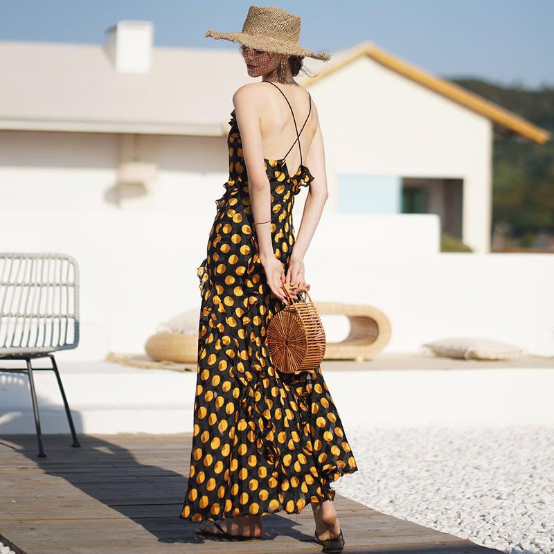 Vintage open back dress lace up ruffle dress - LiveTrendsX