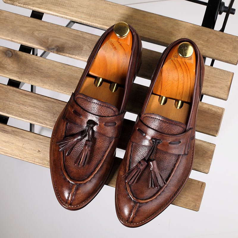 Vintage Pointed Toe Tassel Slip - On Casual Leather Shoes - LiveTrendsX