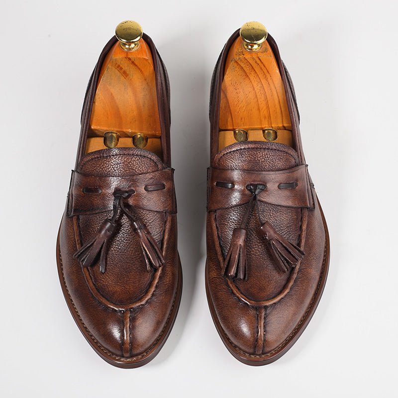 Vintage Pointed Toe Tassel Slip - On Casual Leather Shoes - LiveTrendsX