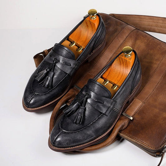 Vintage Pointed Toe Tassel Slip - On Casual Leather Shoes - LiveTrendsX