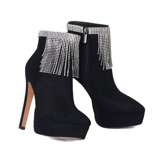 Waterproof Platform Leather Side Zipper Rhinestone Tassel Boots - LiveTrendsX