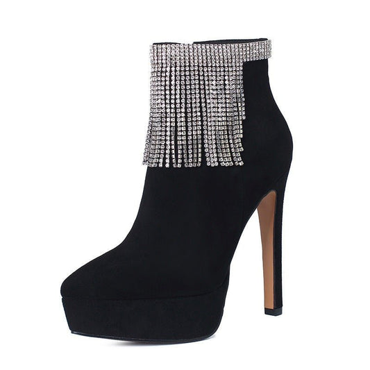 Waterproof Platform Leather Side Zipper Rhinestone Tassel Boots - LiveTrendsX