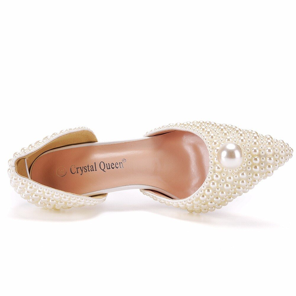 White Beads Big Pearl wedding shoes Bride Pointed Toe - LiveTrendsX