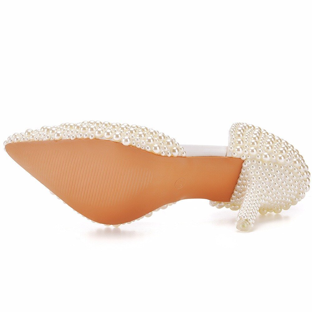 White Beads Big Pearl wedding shoes Bride Pointed Toe - LiveTrendsX
