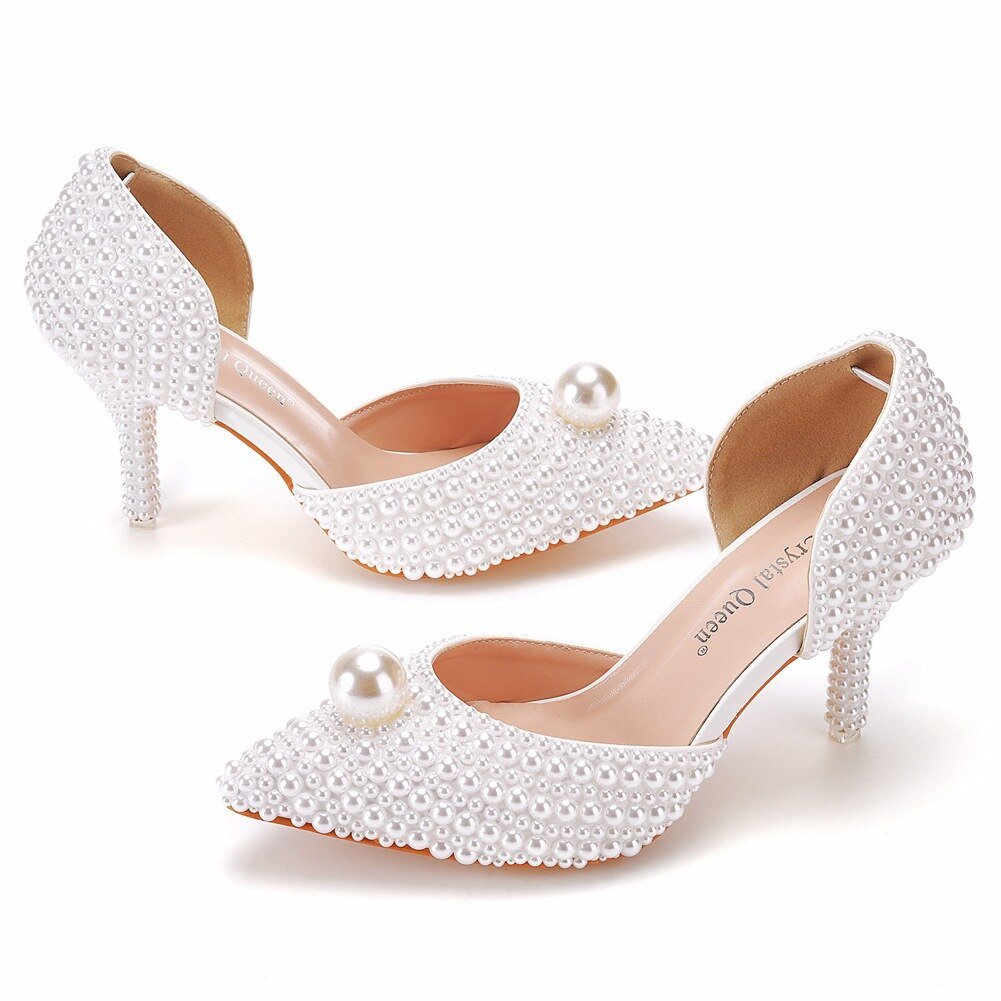 White Beads Big Pearl wedding shoes Bride Pointed Toe - LiveTrendsX