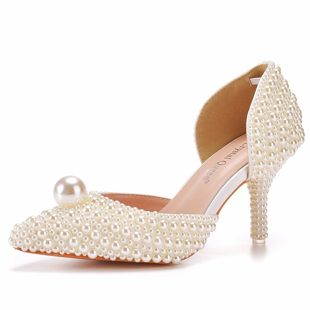 White Beads Big Pearl wedding shoes Bride Pointed Toe - LiveTrendsX