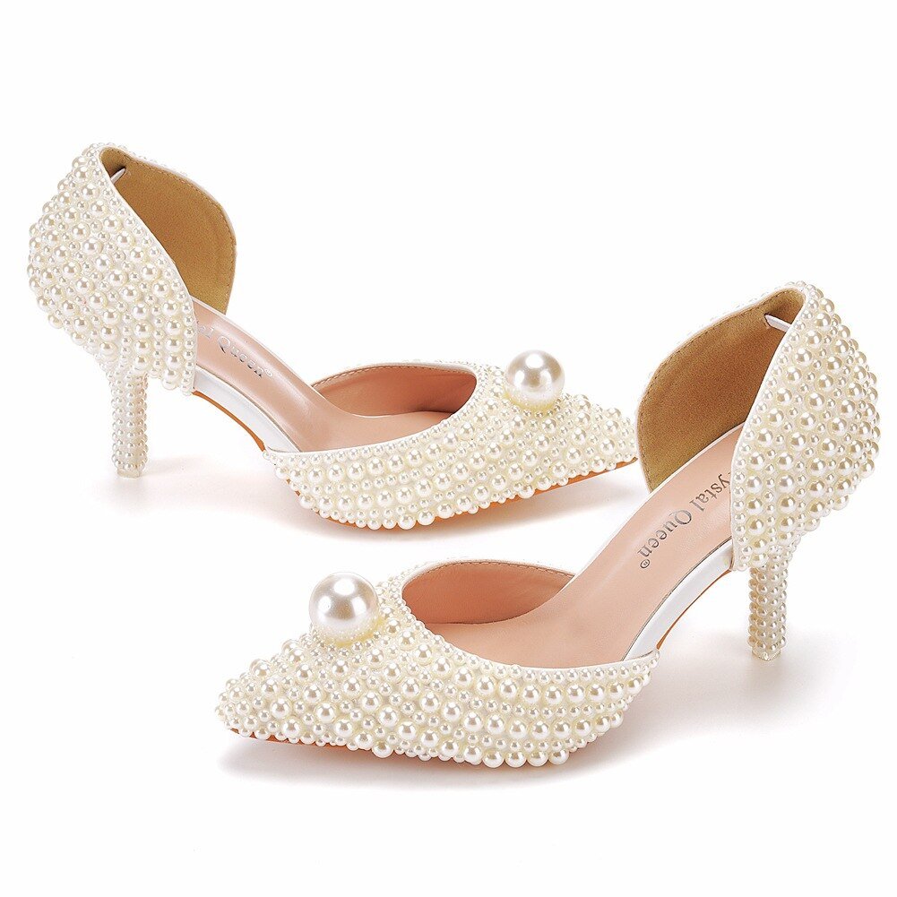 White Beads Big Pearl wedding shoes Bride Pointed Toe - LiveTrendsX
