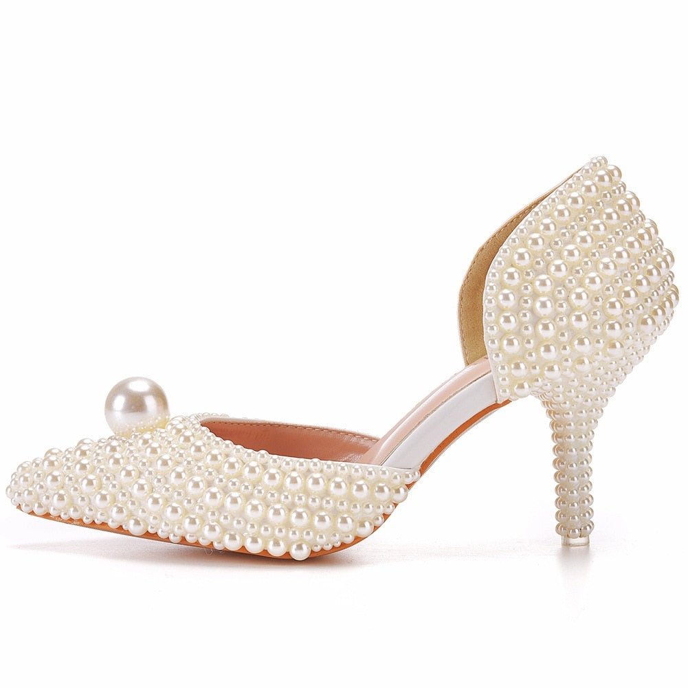 White Beads Big Pearl wedding shoes Bride Pointed Toe - LiveTrendsX