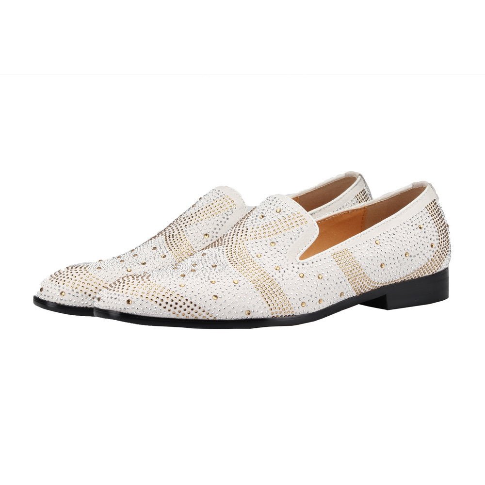 White Suede Leather Formal Rhinestones Flats Mens Shoes - LiveTrendsX