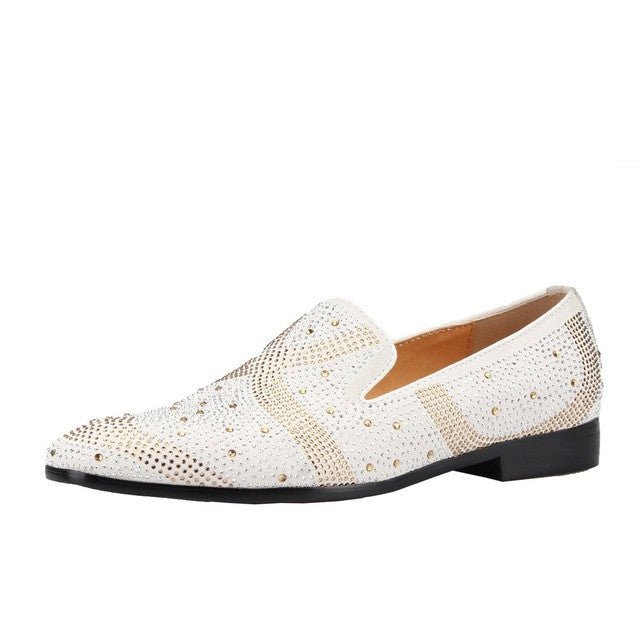 White Suede Leather Formal Rhinestones Flats Mens Shoes - LiveTrendsX