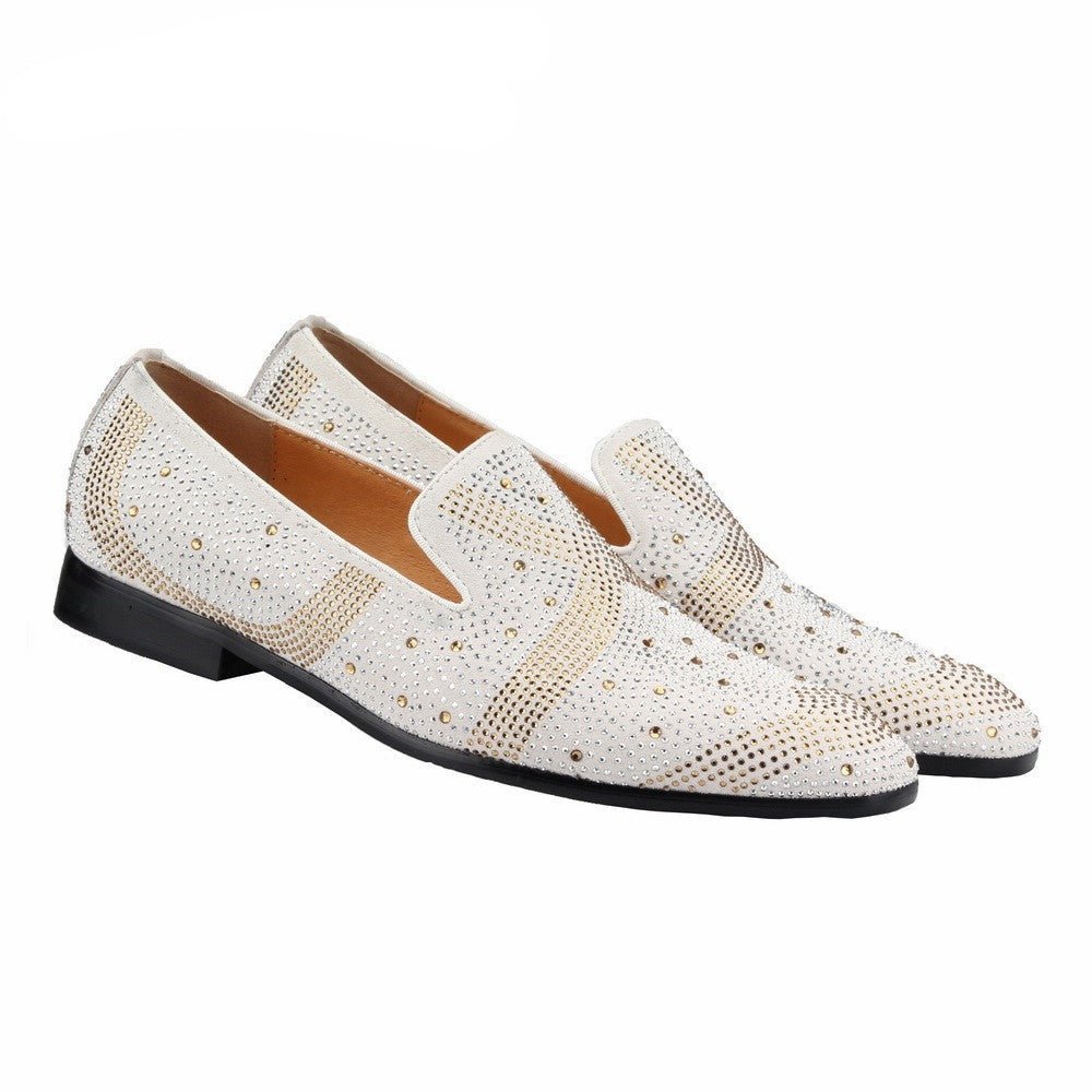 White Suede Leather Formal Rhinestones Flats Mens Shoes - LiveTrendsX