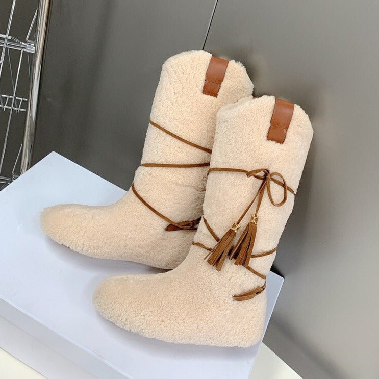 Woman Cross - tied Snow Boots Flats Knee High Boots - LiveTrendsX